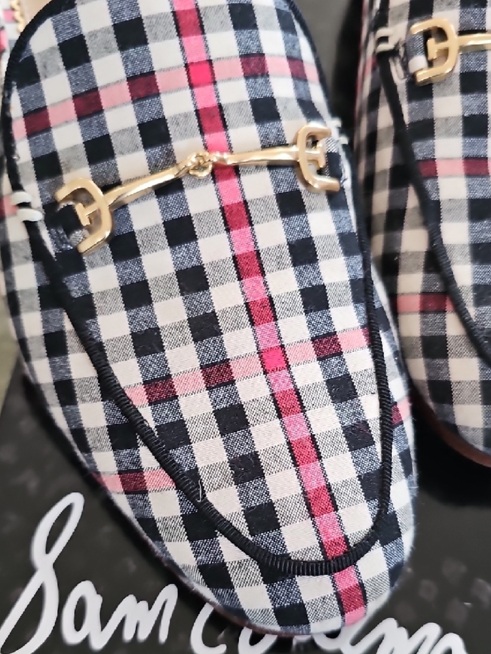 Sam Edelman Black & Red Plaid Slip-On Mules with Gold Bit - Picture 3 of 8